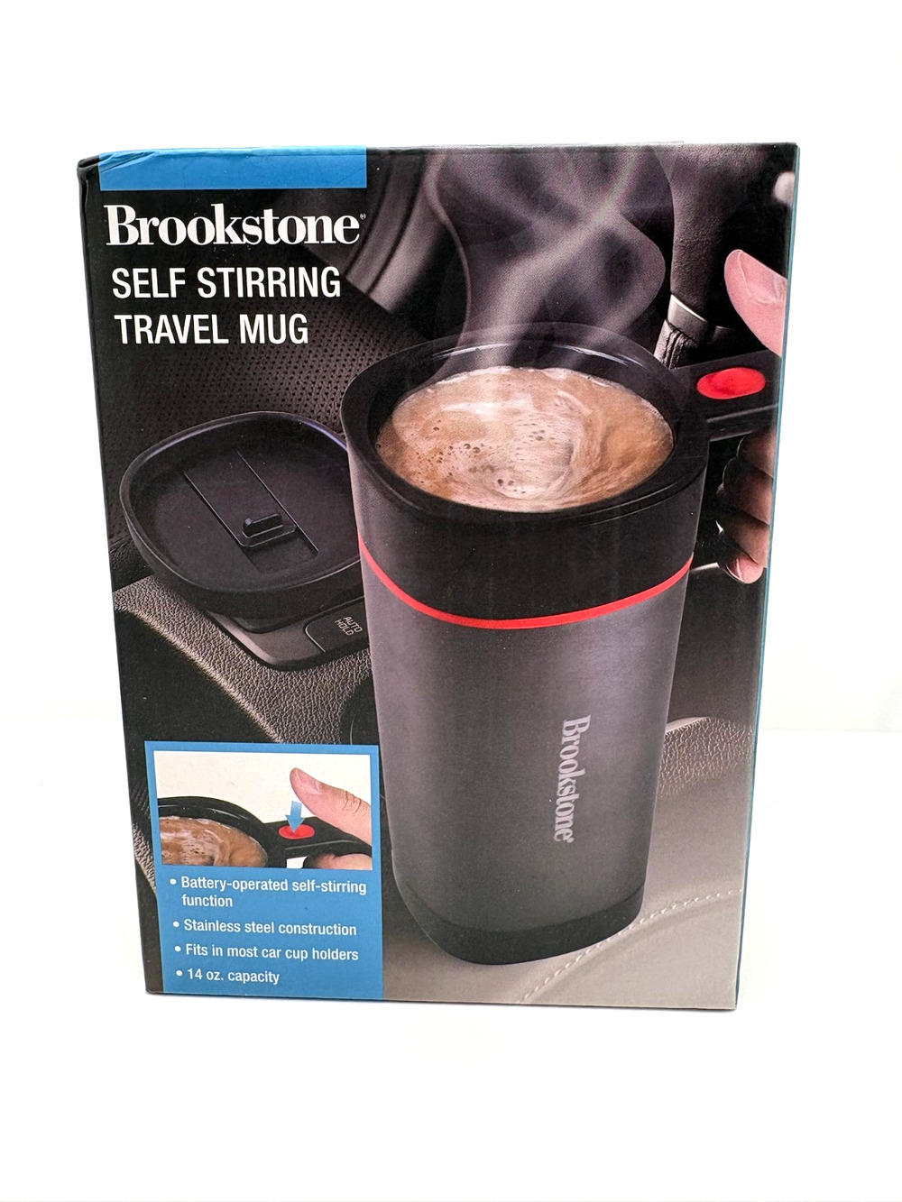 Brookstone Self Stirring Travel Coffee Mug 14oz Stainless Steel NEW